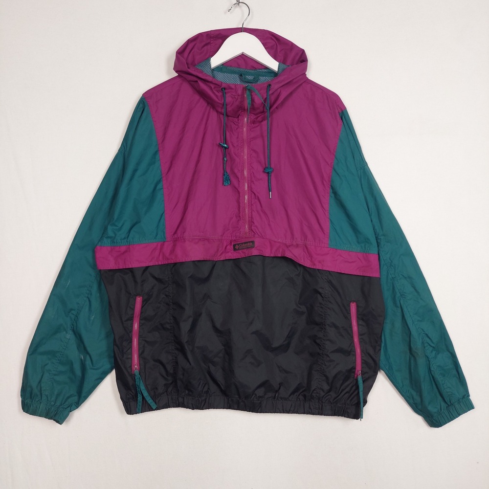 Vintage Columbia Anorak Windbreaker Jacket Magenta Teal Black Mens XL 90s